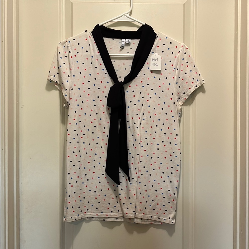 ELLE XS Polka Dot Tee with Black Scarf Accent